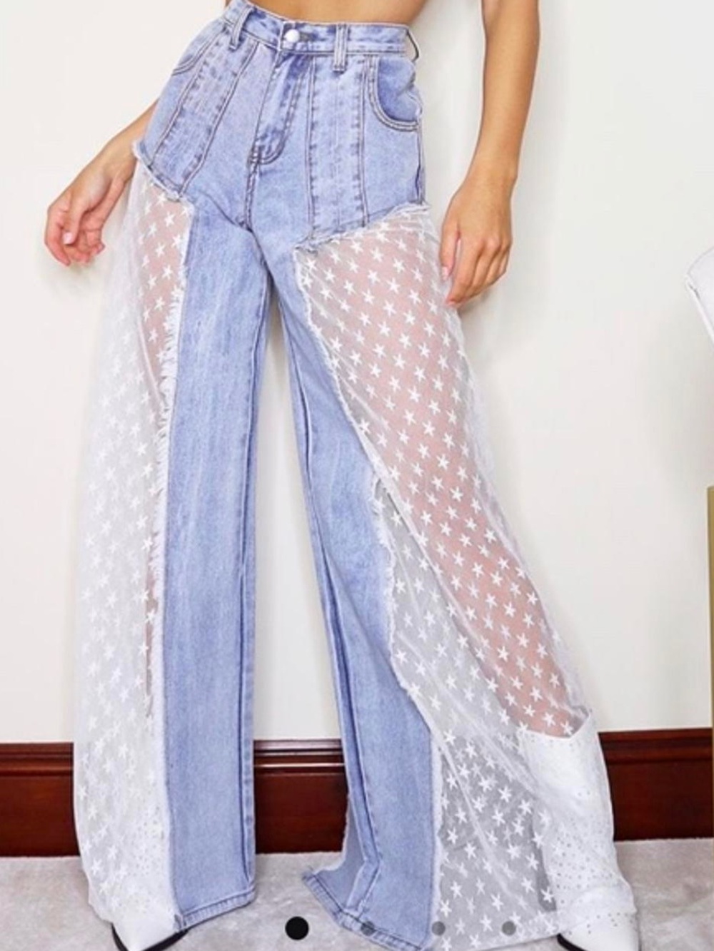 PrettyLittle Thing Light Wash Denim Jeans with Star Sheer Panels
